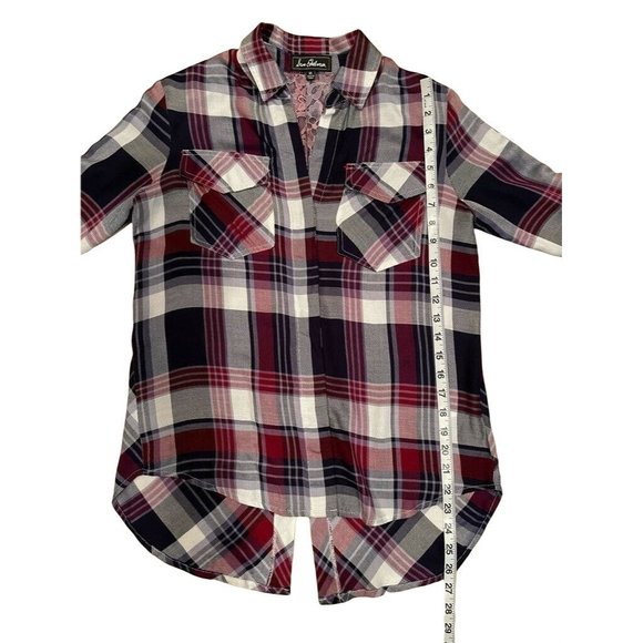 Sam Edelman Womens Riley Button Front Shirt Multicolor Plaid Lace Split Back XS - Picture 11 of 11